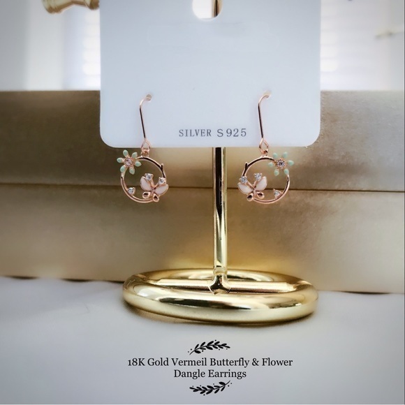 18K Gold Vermeil Butterfly & Flower Dangle Earrings - Picture 1 of 7